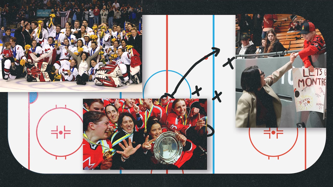 Danièle Sauvageau, general manager of Montreal greets a young fan prior to their first home game during their PWHL hockey game in Montreal.