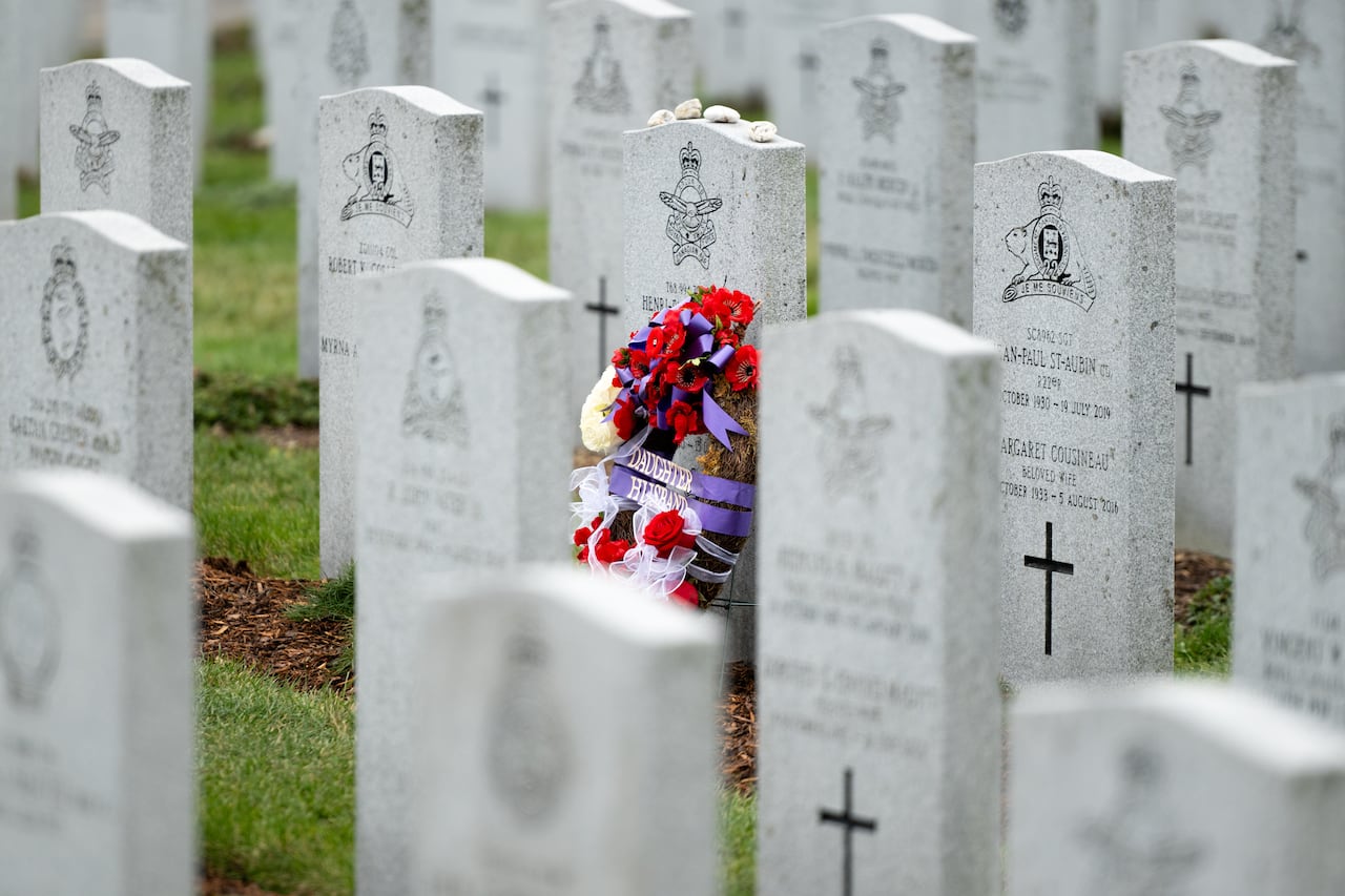 Rows of white toombstones in a cemetary.