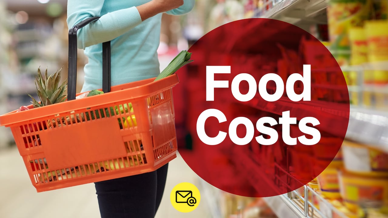 A person holding a grocery basket. A red circle with the words "Food Costs" is beside the person.