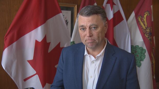 P.E.I. Premier Dennis King A man standing in front of the Canadian flag. He is looking at the camera.
