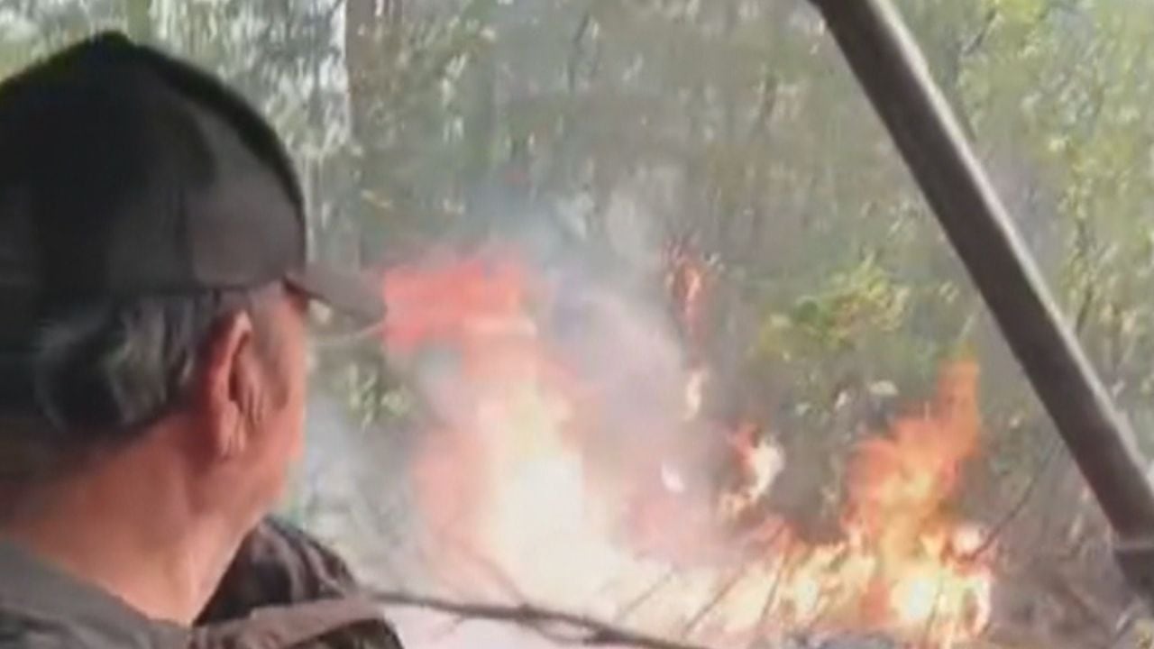 A person in a cap looks at a forest fire through a vehicle window. Flames and smoke rise among trees, creating a tense and urgent atmosphere.