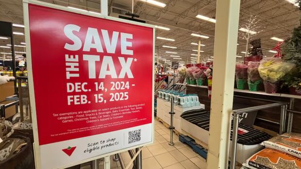 The GST/HST holiday was billed as a two-month tax break on groceries and holiday essentials to ease cost-of-living pressures A sign at Canadian Tire showing the dates of the GST holiday