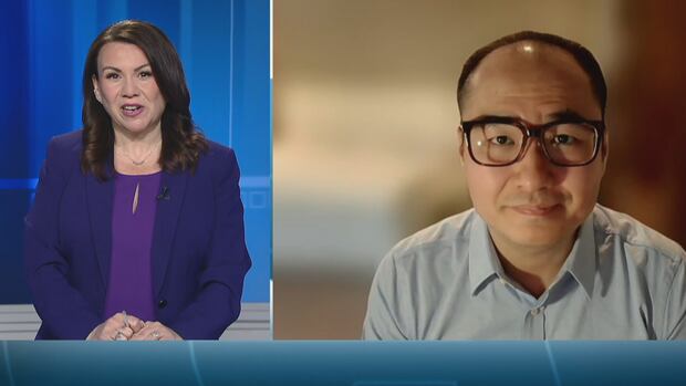 A woman with long brown hair, wearing a purple blazer, and a man wearing glasses and a light blue shirt, appear in a split screen.