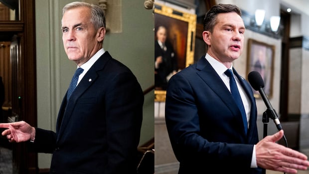 Prime Minister Mark Carney, left, is seen next to an image of Conservative Leader Pierre Poilievre in this combination image.