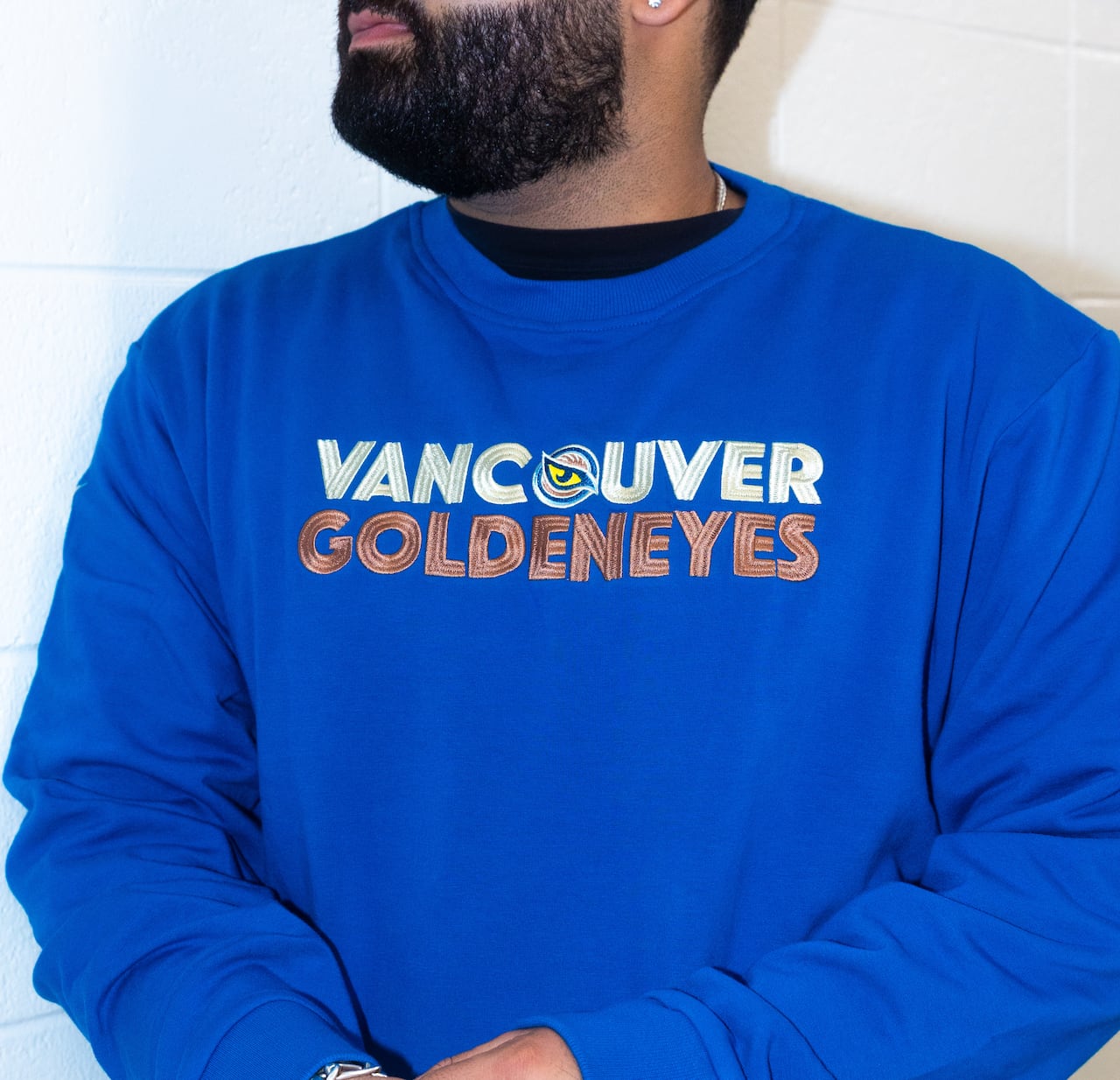 A antheral is shown wearing a bluish sweater with a logo connected it.