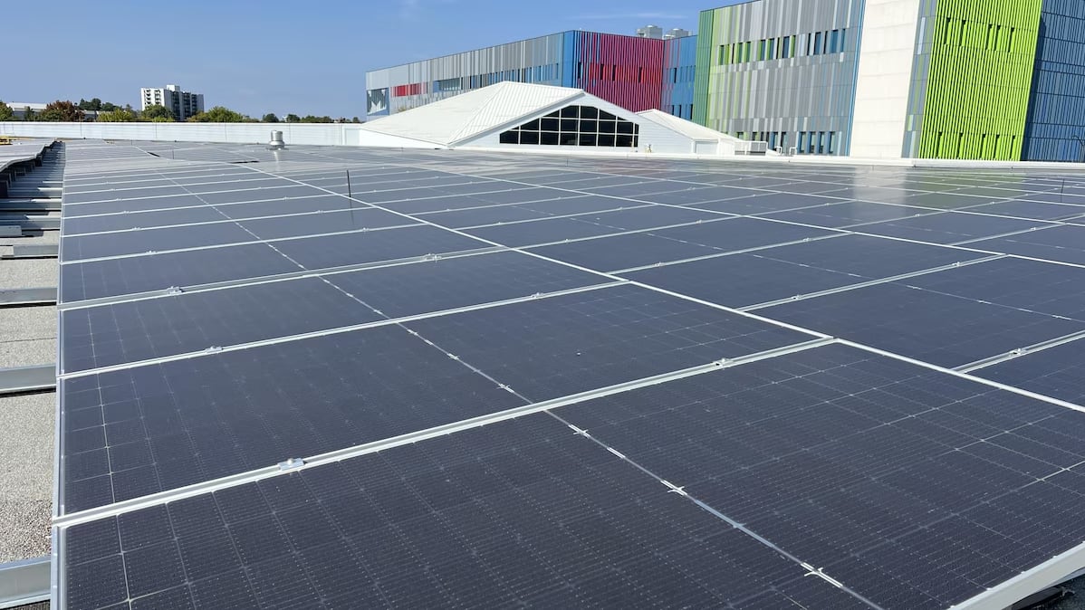 Rows of solar panels are seen on a roof.
