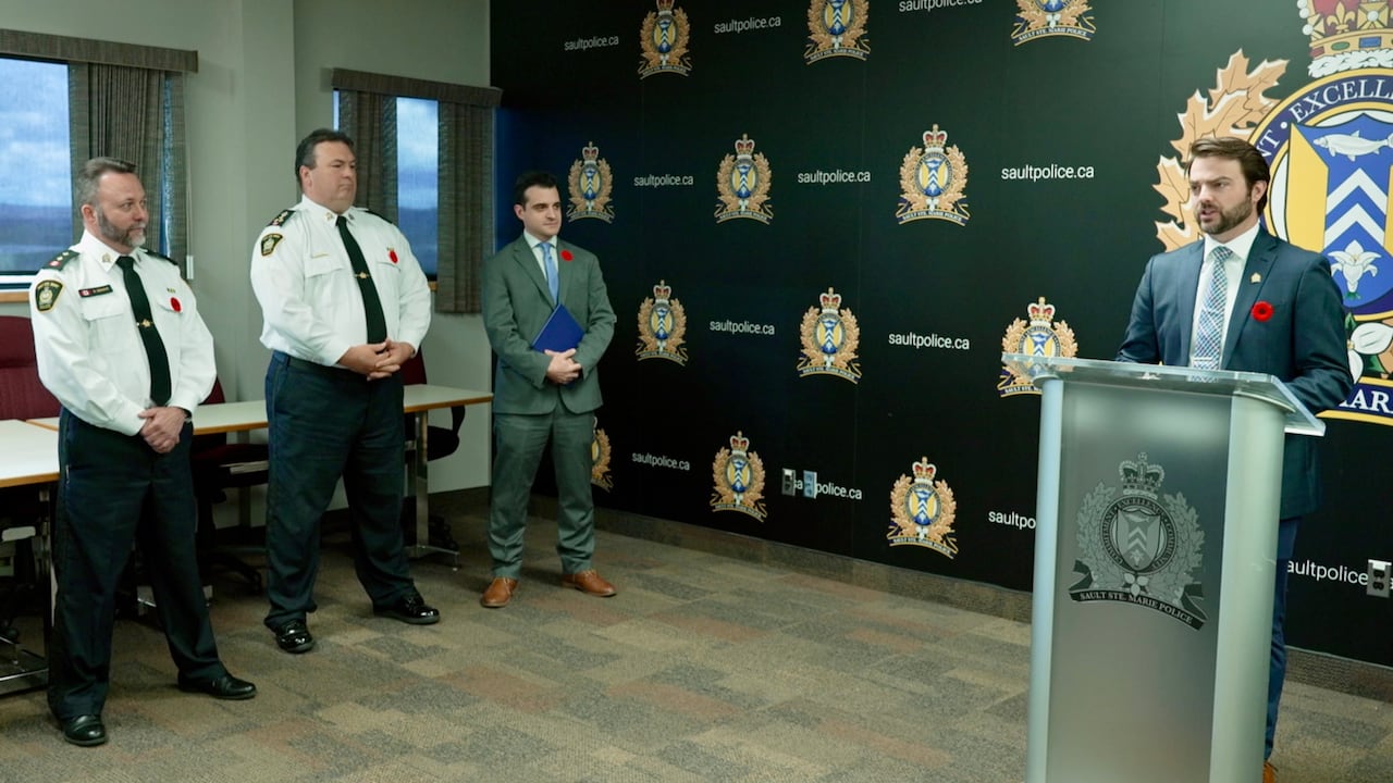 From near  to right, Sault Police Insepctor Derek Dewar, Sault Police Chief Brent Duguay, Mayor Matthew Shoemaker and Sault Police spokesperson Lincoln Louttit denote  the activation of 30 CCTV cameras successful  Sault Ste. Marie.