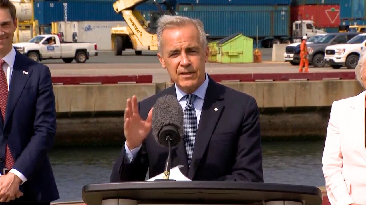 Prime Minister Mark Carney gives a speech at a shipping facility.