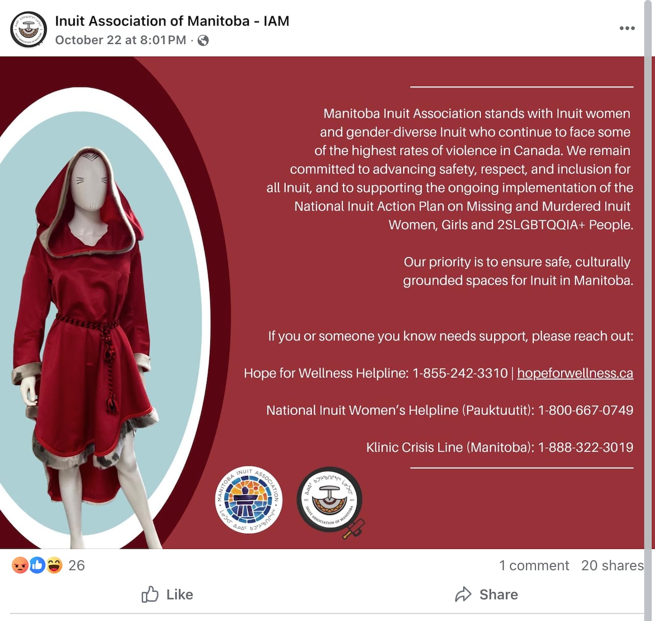 Facebook statement by Manitoba Inuit Association
