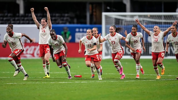Canada players celebrate winning in a shootout against Brazil in a SheBelieves Cup women’s soccer game, Saturday, April 6, 2024, in Atlanta.