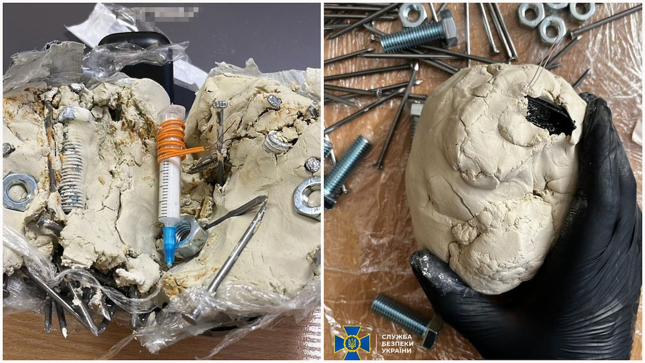 Composite image of a homemade bomb containing a syringe and an assortment of nuts and bolts coated in a beige, dough-like substance.