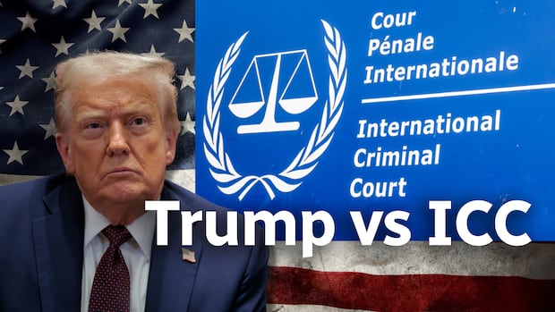 Photo collage of U.S. President Donald Trump and an International Criminal Court sign.