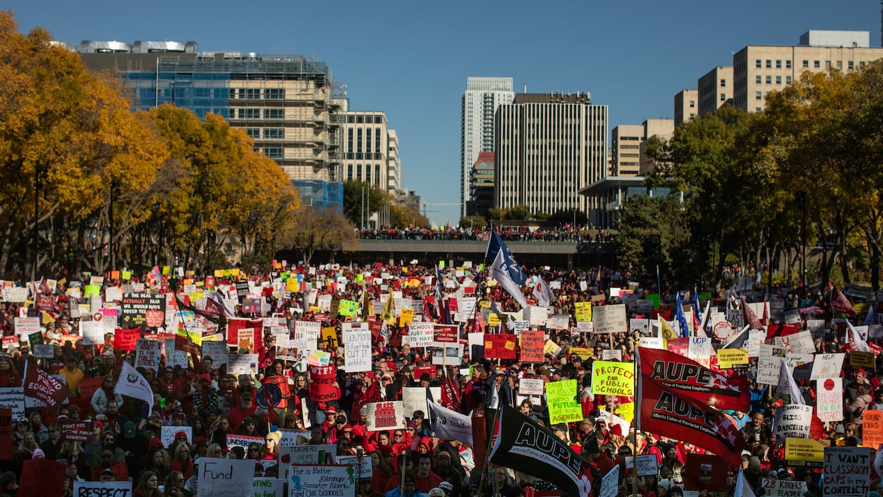 Teachers and supporters take part in a rally on World Teachers' Day in Edmonton on Sunday October 5, 2025. Alberta Teachers Association members voted 89.5% to reject the latest contract offer from the province of Alberta. THE CANADIAN PRESS/Jason Fra
