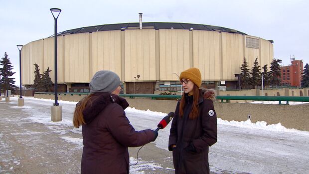 Natasha Riebe interviews Councillor Ashley Salvador in front of Northlands Coliseum. Natasha Riebe interviews Edmonton councillor Ashley Salvador in front of Northlands Coliseum.