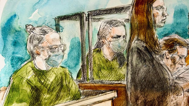 Becky Hamber, left, and Brandy Cooney, centre, sat in separate boxes in the Milton, Ont., courtroom on Monday as assistant Crown attorney Monica MacKenzie questioned a witness. sketch of two women in green jumpsuits sitting with crown attorney in court gown standing