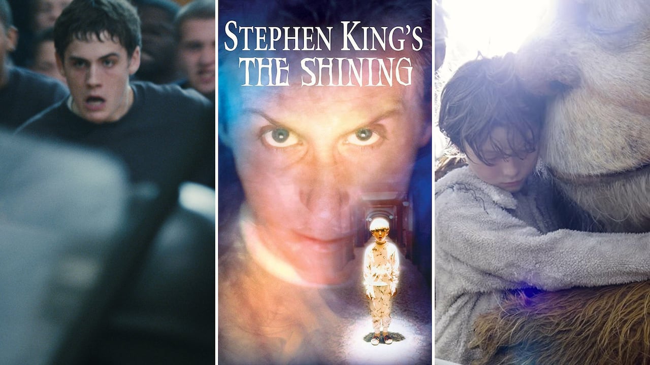 From left, a grimacing youth in a crowd, a young boy wearing pajamas shown in spotlight in front of an image of a leering man below the words 'Stephen King's The Shining,' and a young costumed boy hugging a furry beast are shown.