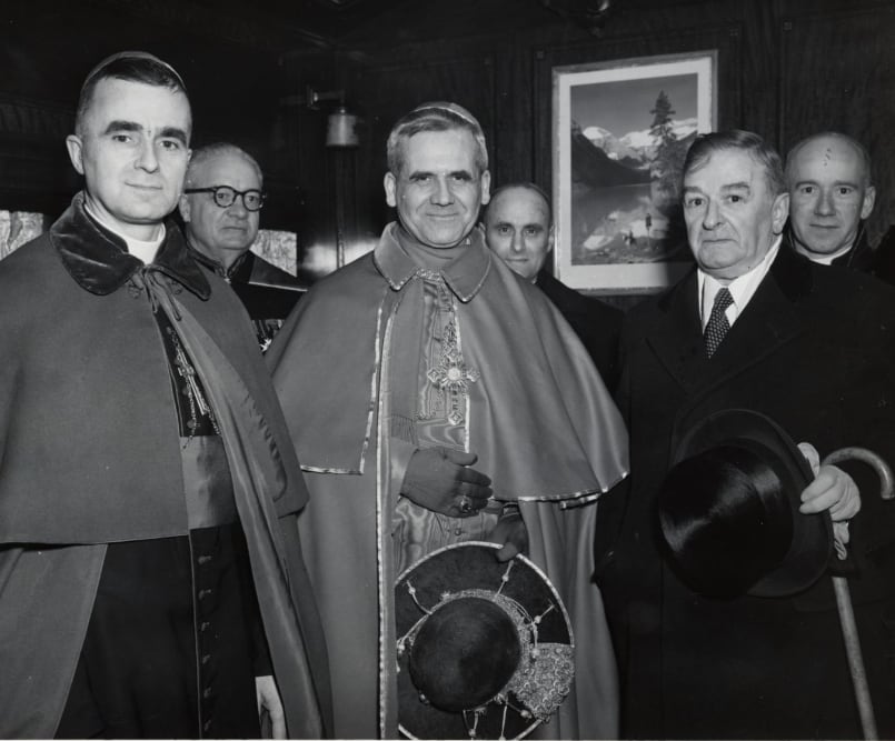 Anr archival black and white photo of Cardinal Paul-Emile Leger and Quebec premier Maurice Duplessis from 1958