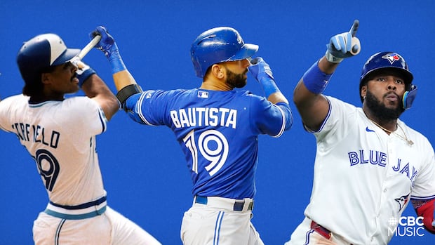 A graphic including photos Jesse Barfield, Jose Bautista and Vladimir Guerrero Jr.