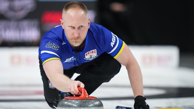 Alberta-Jacobs skip Brad Jacobs delivers a rock while playing Manitoba-Dunstone during the final at the Brier, in Kelowna, B.C., March 9, 2025.