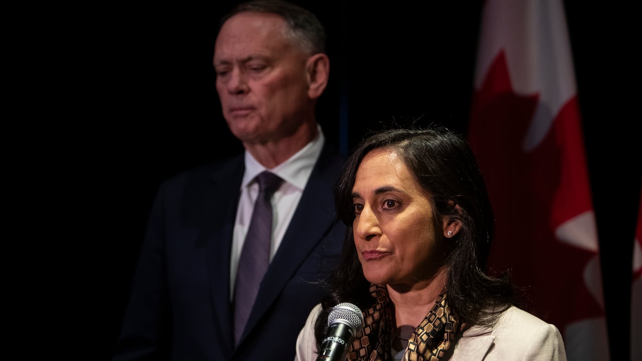 Foreign Affairs Minister Anita Anand speaking at microphone with Minister David McGuinty and Canadian flag behind