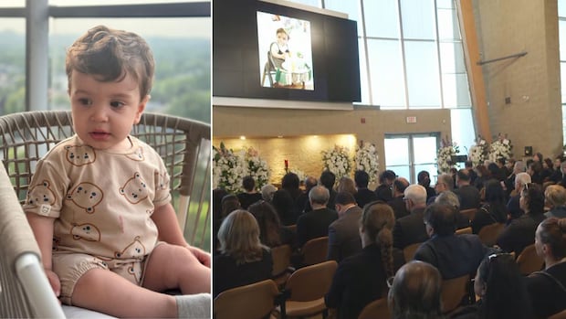 A composite image showing a toddler and people seated inside a building in front of a screen showing a picture of the toddler.