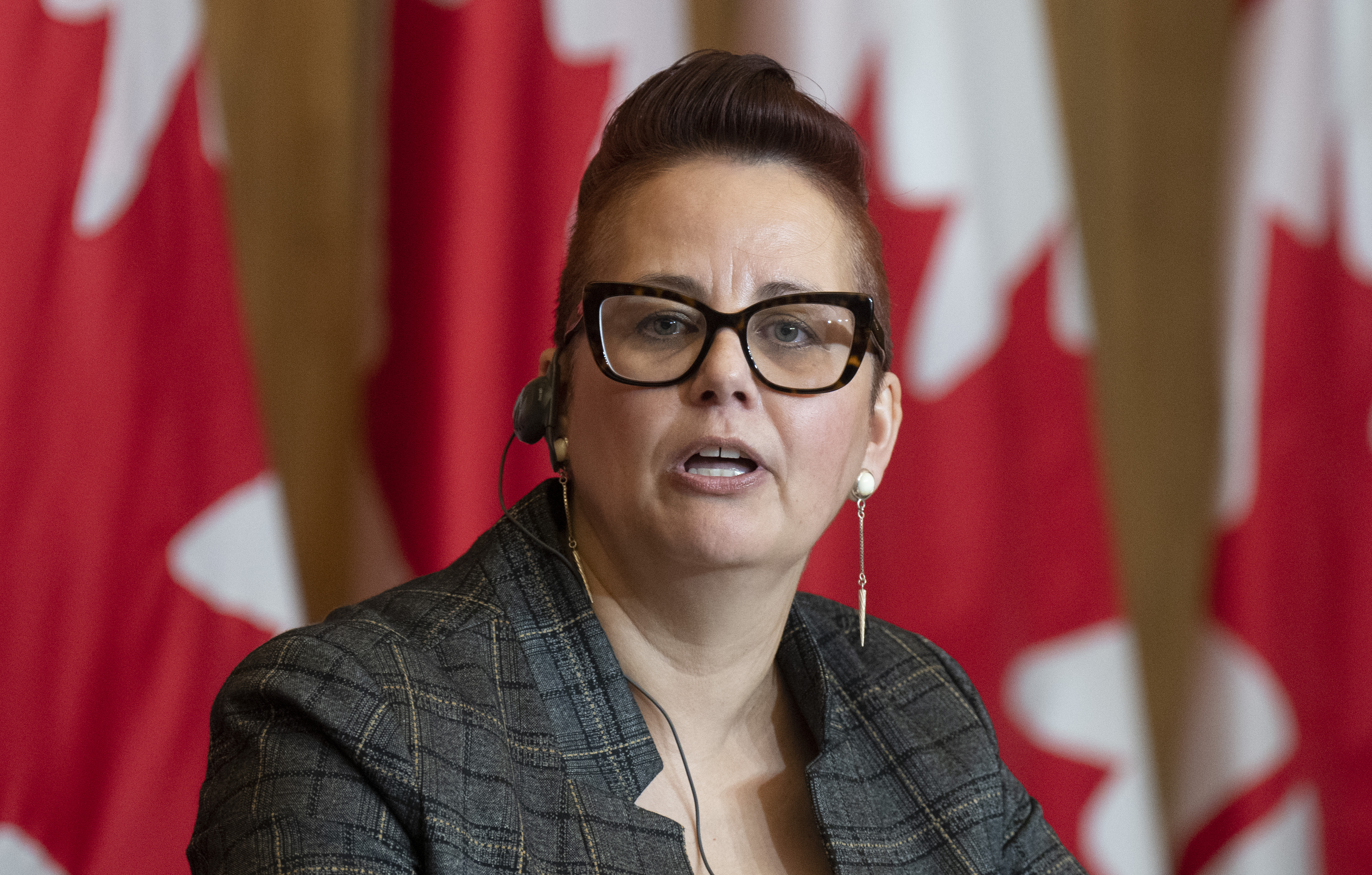 Senator Margaret Dawn Anderson speaks during a news conference in Ottawa, Wednesday, June 28, 2023. Close-up of Anderson with Canadian flags behind her