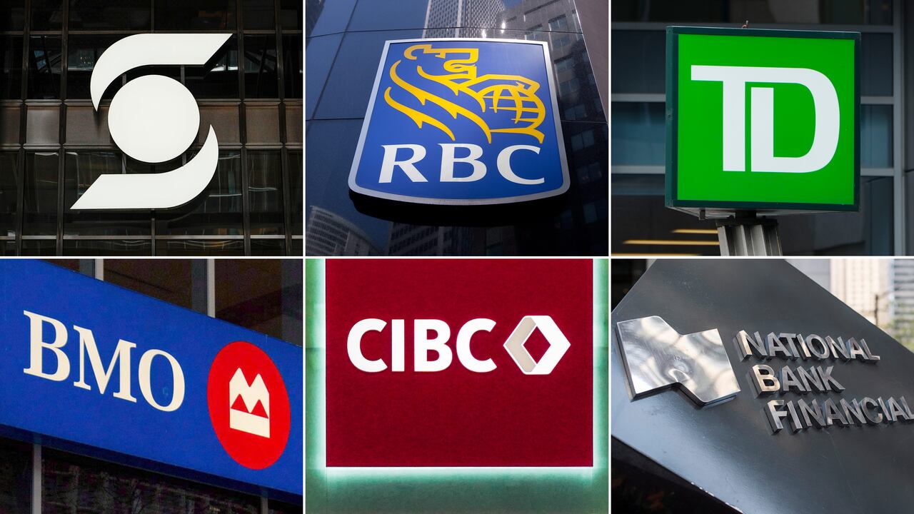 A composite photo of six Canadian bank logos.