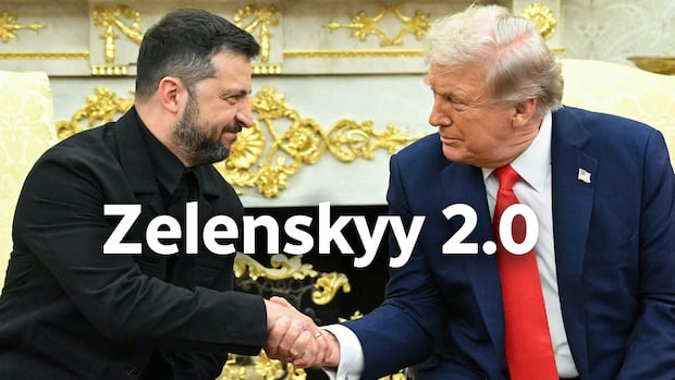 Ukrainian President Volodymyr Zelenskyy shakes hands with U.S. President Donald Trump.