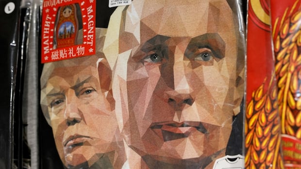 Geometric-style portraits of Donald Trump and Vladimir Putin.