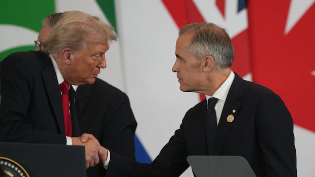 President Donald Trump, left, shares a moment with Canada's Prime Minister Mark Carney during a summit to support ending the more than two-year Israel-Hamas war in Gaza after a breakthrough ceasefire deal, Monday, Oct. 13, 2025, in Sharm El Sheikh, Egypt. (AP Photo/Amr Nabil) Two men shake hands.