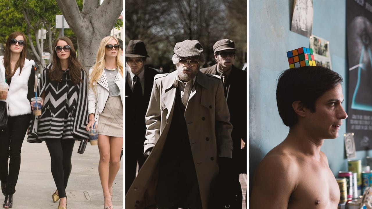 A combination image shows three young women with sunglasses walking outside, three young men dressed up as old men wearing trenchcoats, and a shirtless man with a rubix cube balanced on his head.