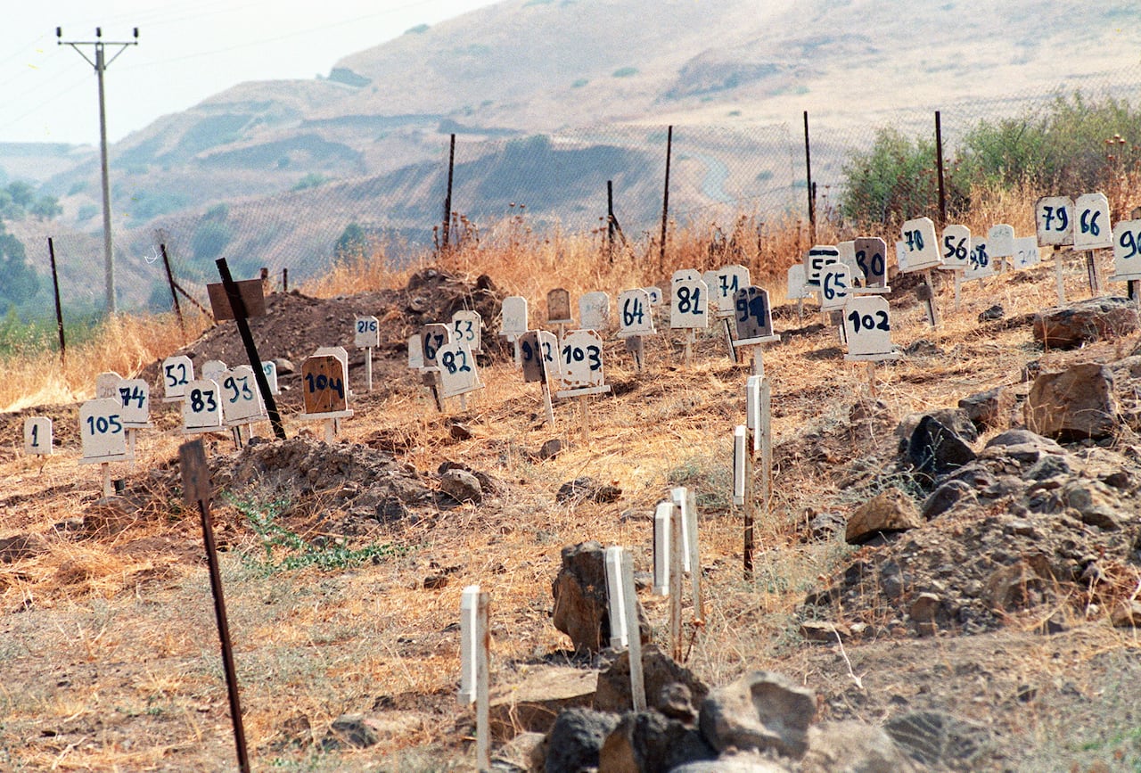 Signs with numbers are stuck in the ground in a rocky dry field surrounded by a fence.