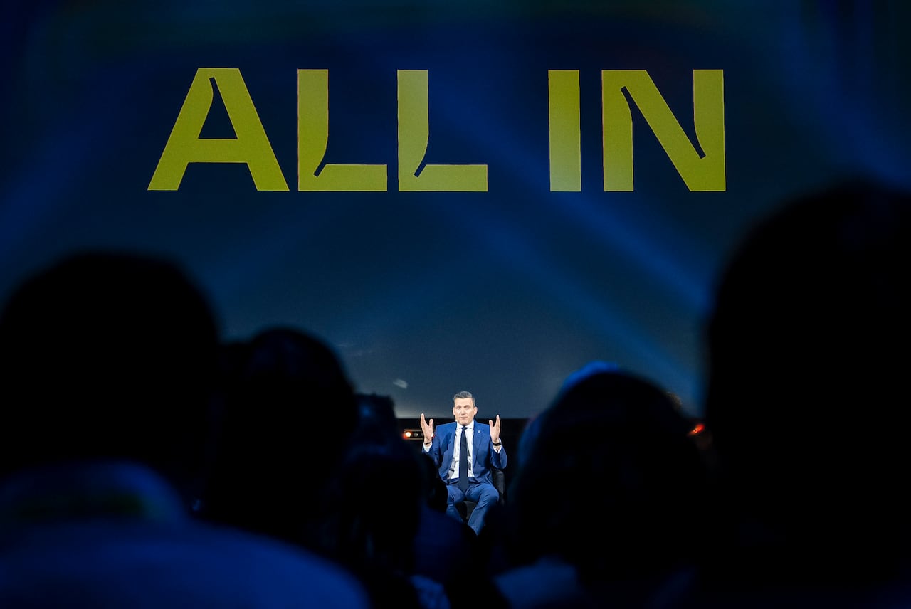Minister of Artificial Intelligence and Digital Innovation Evan Solomon gives remarks during the All In AI conference in Montreal on Thursday, Sept., 25, 2025. THE CANADIAN PRESS/Christopher Katsarov