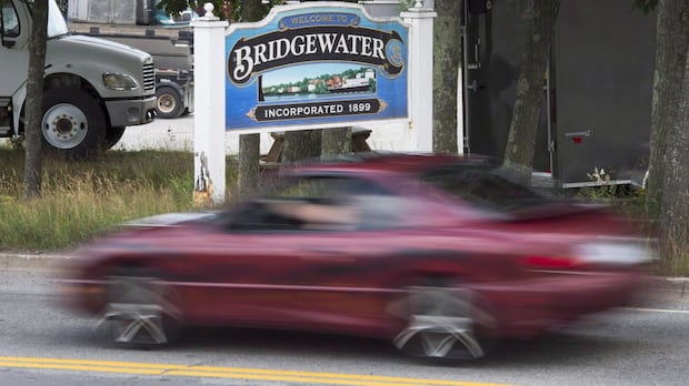 A Bridgewater, N.S., sign is seen on July 30, 2016. A sign that reads "welcome to Bridgewater"
