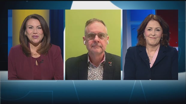 CBC's Louise Martin welcomes Paul MacNeill and Sally Pitt for a regular session of the Compass political panel. Three people are seen in windows, two women and a man.
