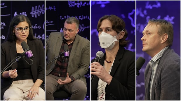 A split screen with four scientists in front of a wall with equations on it.