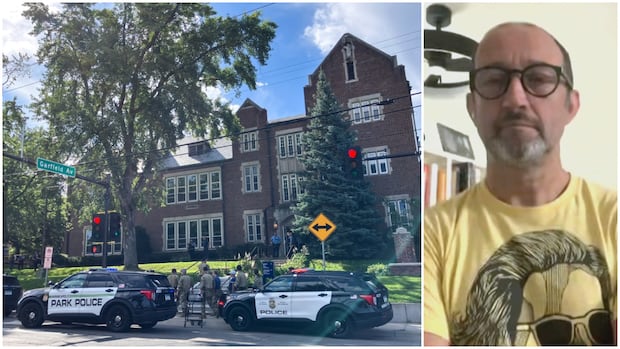 Minneapolis police cars are seen outside of Annunciation Church, left, is seen next to an image of Vincent Francoual in this combination image.
