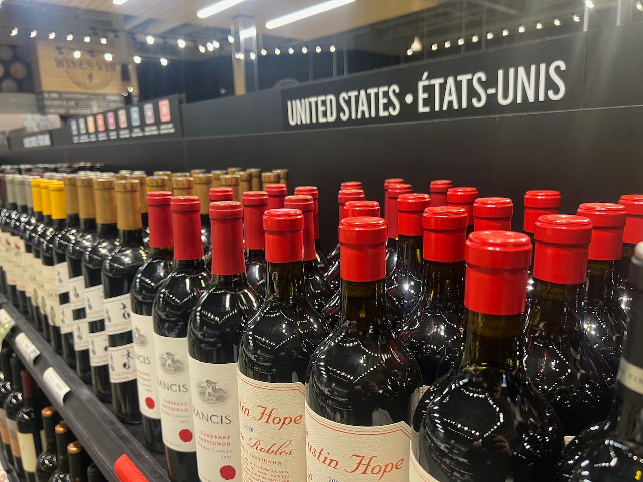 Bottles of American wine on the shelf at a New Brunswick Liquor store.