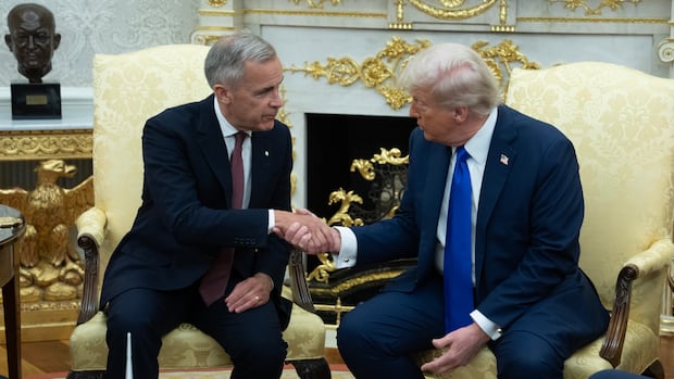Prime Minister Mark Carney shakes hands with United States President Donald Trump at the start of a meeting in the Oval Office in the White House, in Washington, D.C. Tuesday, Oct 7, 2025 in Washington. THE CANADIAN PRESS/Adrian Wyld Two men in suits shake hands in the White House.