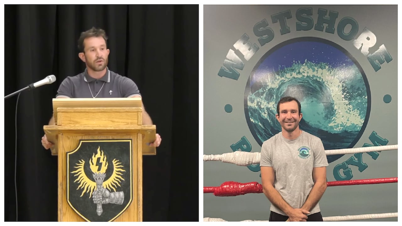 A comparison photo shows the same person in two different contexts.