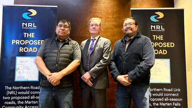 (Left to right) Webequie Chief Cornelius Wabasse, Ontario mines minister George Pirie, and Marten Falls Chief Bruce Achneepineskum, are seen during a press conference at the Prospectors and Developers Association of Canada conference in Toronto.   Three men stand together for a photo opportunity after an announcement in Toronto.