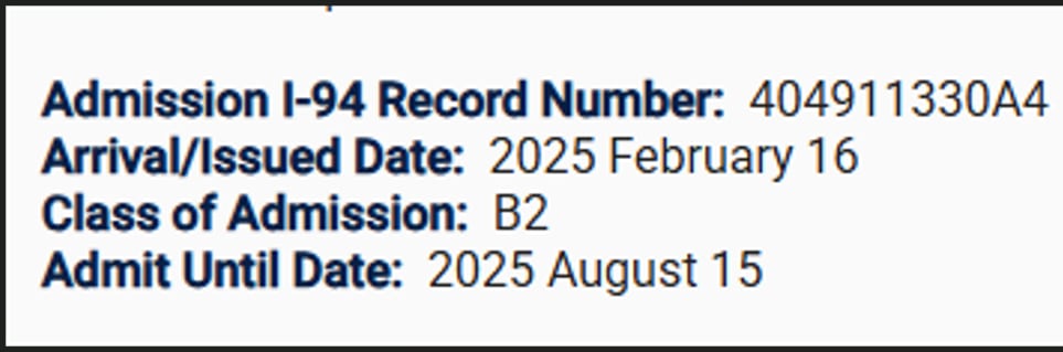 Exemple d'enregistrement d'un formulaire I-94.