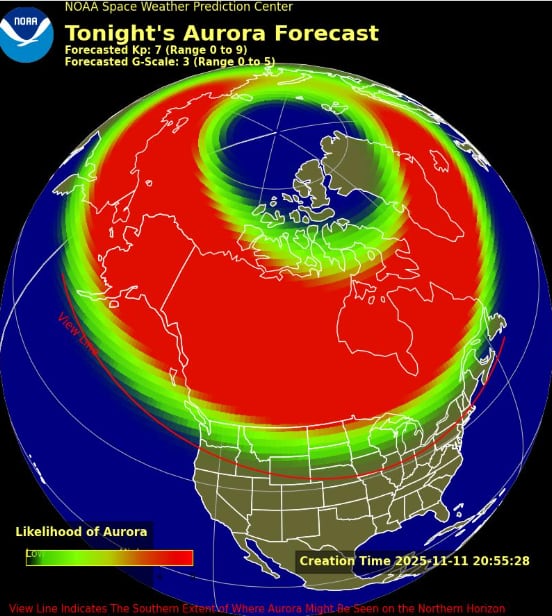 um gráfico do globo com uma seção vermelha e verde mostrando onde a atividade solar está acontecendo. a faixa vermelha cobre a maior parte do Canadá