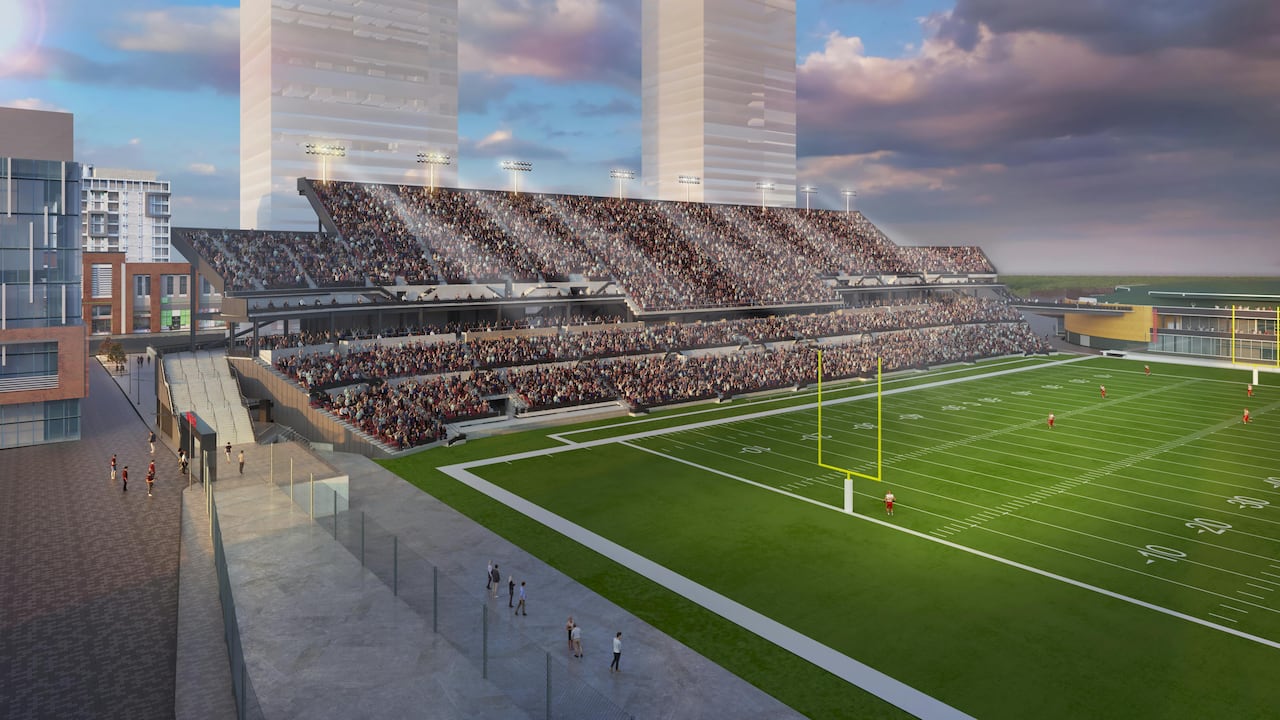 This conception creation gives an thought of the caller towers envisioned for the country down the site's northside stands.