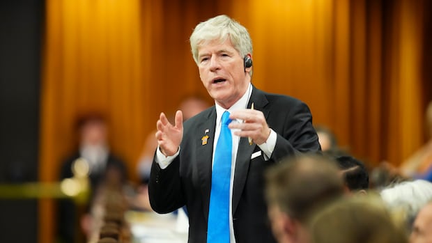 Minister of Energy and Natural Resources Tim Hodgson responds to a question during question period in the House of Commons on Parliament Hill in Ottawa on Wednesday, Oct. 1, 2025. A man in a suit and blue tie stands and speaks in the House of Commons.