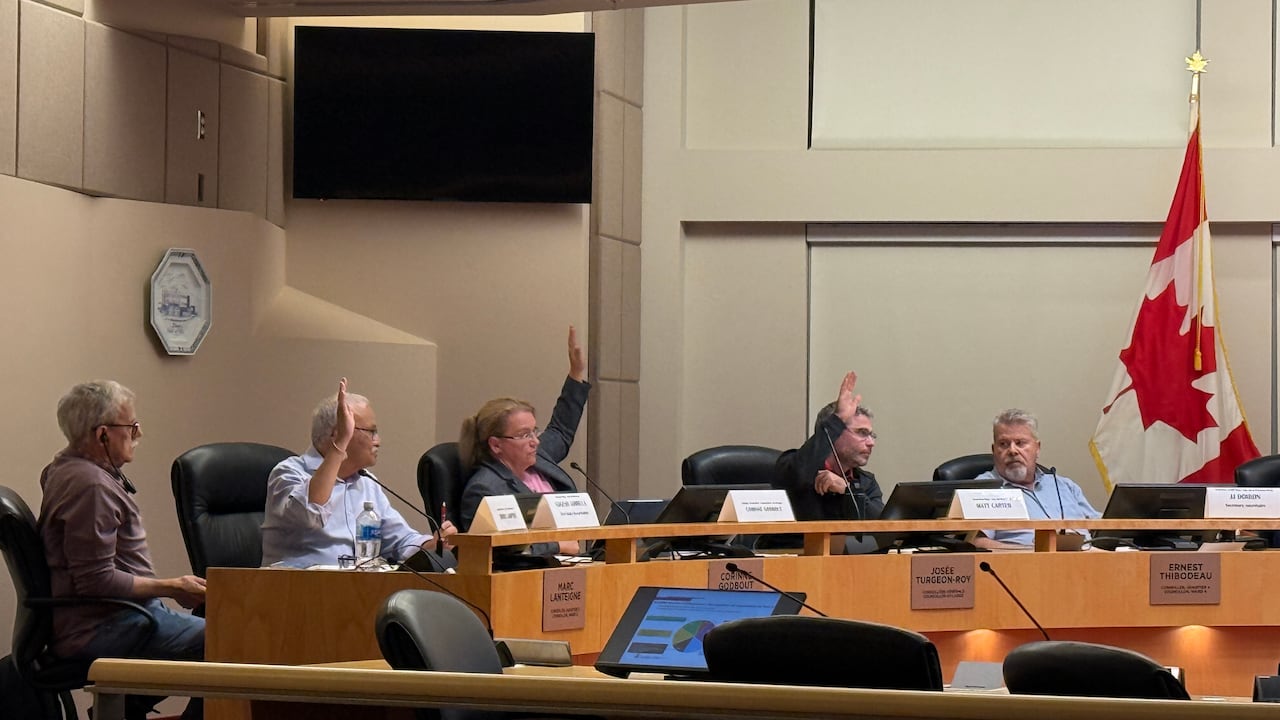 A meeting room with various people sitting behind a large wooden desk with a Canadian flag in the background.