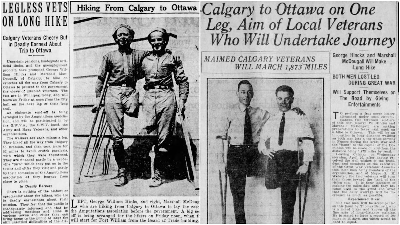 Side-by-side newspaper clippings showing two young male amputees on crutches with the headlines "Legless vets on long hike" and "Calgary to Ottawa on one leg, aim of local veterans who will undertake journey."