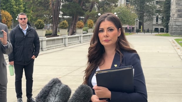 A woman in a blue suit stands in front of the legislature 
