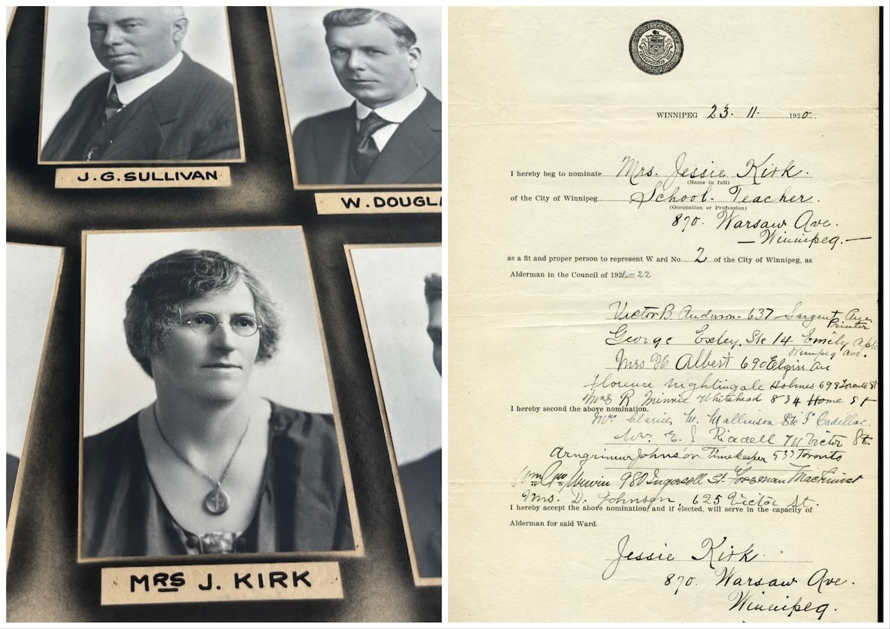 A side-by-side image that shows a black and white photo of a woman at left and a signed document at right.