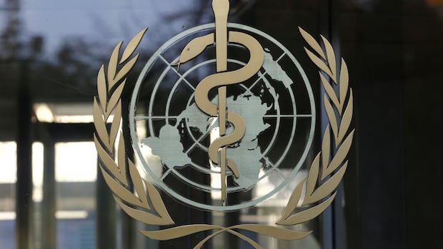 Logo of World Health Organization in brass and white on a clear surface. 